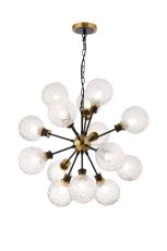 Jestero 78cm Pendant, 14 Light E14 With 15cm Round Textured Crumple Glass Shade, Brass, Clear & Satin Black