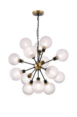 Jestero 78cm Pendant, 14 Light E14 With 15cm Round Dimpled Glass Shade, Brass, Clear & Satin Black