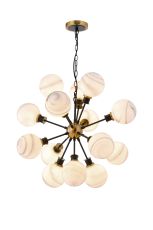 Jestero 78cm Pendant, 14 Light E14 With 15cm Round White & Grey Marble Effect Glass Shade, Brass & Satin Black Framework