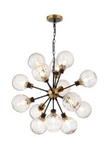 Jestero 78cm Pendant, 14 Light E14 With 15cm Round Textured Melting Glass Shade, Brass, Clear & Satin Black
