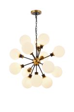 Jestero 78cm Pendant, 14 Light E14 With 15cm Round Glass Shade, Brass, Opal & Satin Black