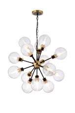 Jestero 78cm Pendant, 14 Light E14 With 15cm Round Ribbed Glass Shade, Brass, Clear & Satin Black