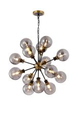 Jestero 78cm Pendant, 14 Light E14 With 15cm Round Glass Shade, Brass, Smoke Plated & Satin Black