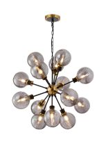 Jestero 78cm Pendant, 14 Light E14 With 15cm Round Double Textured Smooth / Ribbed Glass Shade, Brass, Smoke Plated & Satin Black