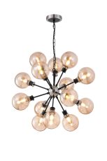 Jestero 78cm Pendant, 14 Light E14 With 15cm Round Glass Shade, Satin Nickel, Amber Plated & Satin Black