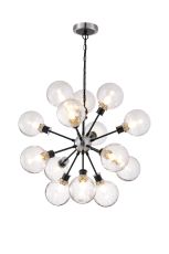 Jestero 78cm Pendant, 14 Light E14 With 15cm Round Crackled Glass Shade, Satin Nickel, Clear & Satin Black