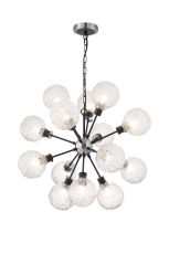 Jestero 78cm Pendant, 14 Light E14 With 15cm Round Textured Crumple Glass Shade, Satin Nickel, Clear & Satin Black