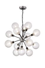 Jestero 78cm Pendant, 14 Light E14 With 15cm Round Dimpled Glass Shade, Satin Nickel, Clear & Satin Black