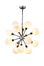 Jestero 78cm Pendant, 14 Light E14 With 15cm Round White & Grey Marble Effect Glass Shade, Satin Nickel & Satin Black Framework