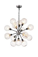 Jestero 78cm Pendant, 14 Light E14 With 15cm Round Textured Melting Glass Shade, Satin Nickel, Clear & Satin Black