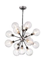 Jestero 78cm Pendant, 14 Light E14 With 15cm Round Ribbed Glass Shade, Satin Nickel, Clear & Satin Black