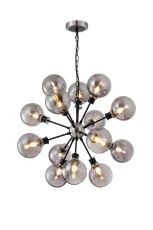 Jestero 78cm Pendant, 14 Light E14 With 15cm Round Glass Shade, Satin Nickel, Smoke Plated & Satin Black