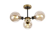 Jestero 53cm Semi Ceiling, 3 Light E14 With 15cm Round Glass Shade, Brass, Amber Plated & Satin Black