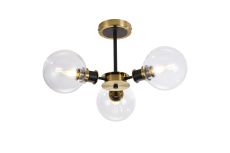 Jestero 53cm Semi Ceiling, 3 Light E14 With 15cm Round Glass Shade, Brass, Clear & Satin Black