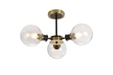 Jestero 53cm Semi Ceiling, 3 Light E14 With 15cm Round Crackled Glass Shade, Brass, Clear & Satin Black