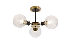 Jestero 53cm Semi Ceiling, 3 Light E14 With 15cm Round Textured Crumple Glass Shade, Brass, Clear & Satin Black