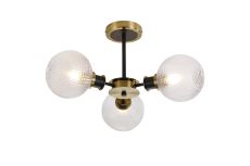 Jestero 53cm Semi Ceiling, 3 Light E14 With 15cm Round Textured Diamond Pattern Glass Shade, Brass, Clear & Satin Black