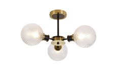 Jestero 53cm Semi Ceiling, 3 Light E14 With 15cm Round Dimpled Glass Shade, Brass, Clear & Satin Black