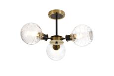 Jestero 53cm Semi Ceiling, 3 Light E14 With 15cm Round Textured Melting Glass Shade, Brass, Clear & Satin Black