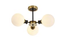 Jestero 53cm Semi Ceiling, 3 Light E14 With 15cm Round Glass Shade, Brass, Opal & Satin Black