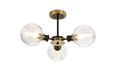 Jestero 53cm Semi Ceiling, 3 Light E14 With 15cm Round Ribbed Glass Shade, Brass, Clear & Satin Black