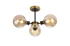 Jestero 53cm Semi Ceiling, 3 Light E14 With 15cm Round Segment Glass Shade, Brass, Amber Plated & Satin Black
