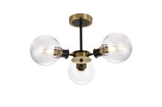 Jestero 53cm Semi Ceiling, 3 Light E14 With 15cm Round Segment Glass Shade, Brass, Clear & Satin Black