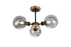 Jestero 53cm Semi Ceiling, 3 Light E14 With 15cm Round Segment Glass Shade, Brass, Smoke Plated & Satin Black