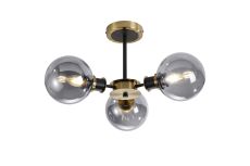 Jestero 53cm Semi Ceiling, 3 Light E14 With 15cm Round Glass Shade, Brass, Smoke Plated & Satin Black