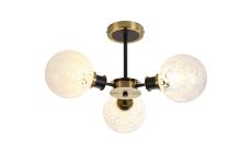 Jestero 53cm Semi Ceiling, 3 Light E14 With 15cm Round Speckled Glass Shade, Brass, White & Satin Black