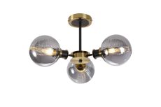 Jestero 53cm Semi Ceiling, 3 Light E14 With 15cm Round Double Textured Smooth / Ribbed Glass Shade, Brass, Smoke Plated & Satin Black