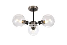 Jestero 53cm Semi Ceiling, 3 Light E14 With 15cm Round Glass Shade, Satin Nickel, Clear & Satin Black
