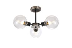 Jestero 53cm Semi Ceiling, 3 Light E14 With 15cm Round Glass Shade, Satin Nickel, Clear & Satin Black