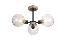 Jestero 53cm Semi Ceiling, 3 Light E14 With 15cm Round Crackled Glass Shade, Satin Nickel, Clear & Satin Black