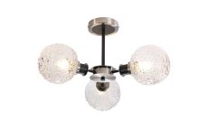 Jestero 53cm Semi Ceiling, 3 Light E14 With 15cm Round Textured Crumple Glass Shade, Satin Nickel, Clear & Satin Black