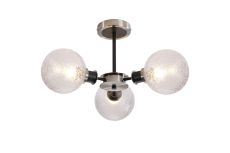 Jestero 53cm Semi Ceiling, 3 Light E14 With 15cm Round Dimpled Glass Shade, Satin Nickel, Clear & Satin Black
