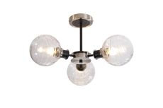 Jestero 53cm Semi Ceiling, 3 Light E14 With 15cm Round Textured Melting Glass Shade, Satin Nickel, Clear & Satin Black