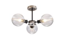 Jestero 53cm Semi Ceiling, 3 Light E14 With 15cm Round Ribbed Glass Shade, Satin Nickel, Clear & Satin Black
