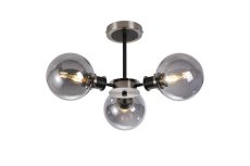 Jestero 53cm Semi Ceiling, 3 Light E14 With 15cm Round Glass Shade, Satin Nickel, Smoke Plated & Satin Black