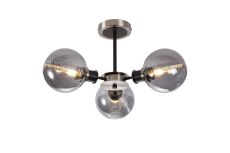 Jestero 53cm Semi Ceiling, 3 Light E14 With 15cm Round Double Textured Smooth / Ribbed Glass Shade, Satin Nickel, Smoke Plated & Satin Black