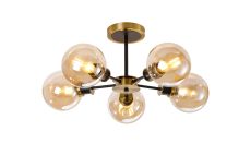 Jestero 52cm Semi Ceiling, 5 Light E14 With 15cm Round Glass Shade, Brass, Amber Plated & Satin Black