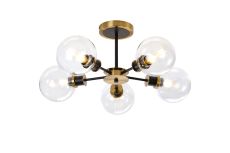 Jestero 52cm Semi Ceiling, 5 Light E14 With 15cm Round Glass Shade, Brass, Clear & Satin Black