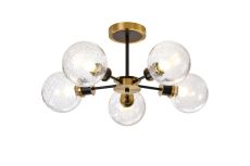 Jestero 52cm Semi Ceiling, 5 Light E14 With 15cm Round Crackled Glass Shade, Brass, Clear & Satin Black