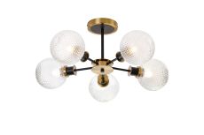 Jestero 52cm Semi Ceiling, 5 Light E14 With 15cm Round Textured Diamond Pattern Glass Shade, Brass, Clear & Satin Black