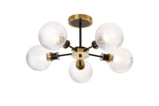 Jestero 52cm Semi Ceiling, 5 Light E14 With 15cm Round Dimpled Glass Shade, Brass, Clear & Satin Black