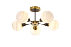 Jestero 52cm Semi Ceiling, 5 Light E14 With 15cm Round White & Grey Marble Effect Glass Shade, Brass & Satin Black Framework