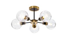Jestero 52cm Semi Ceiling, 5 Light E14 With 15cm Round Textured Melting Glass Shade, Brass, Clear & Satin Black
