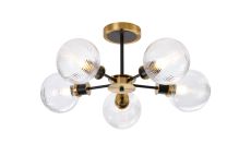 Jestero 52cm Semi Ceiling, 5 Light E14 With 15cm Round Ribbed Glass Shade, Brass, Clear & Satin Black