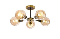 Jestero 52cm Semi Ceiling, 5 Light E14 With 15cm Round Segment Glass Shade, Brass, Amber Plated & Satin Black