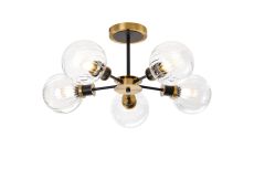 Jestero 52cm Semi Ceiling, 5 Light E14 With 15cm Round Segment Glass Shade, Brass, Clear & Satin Black